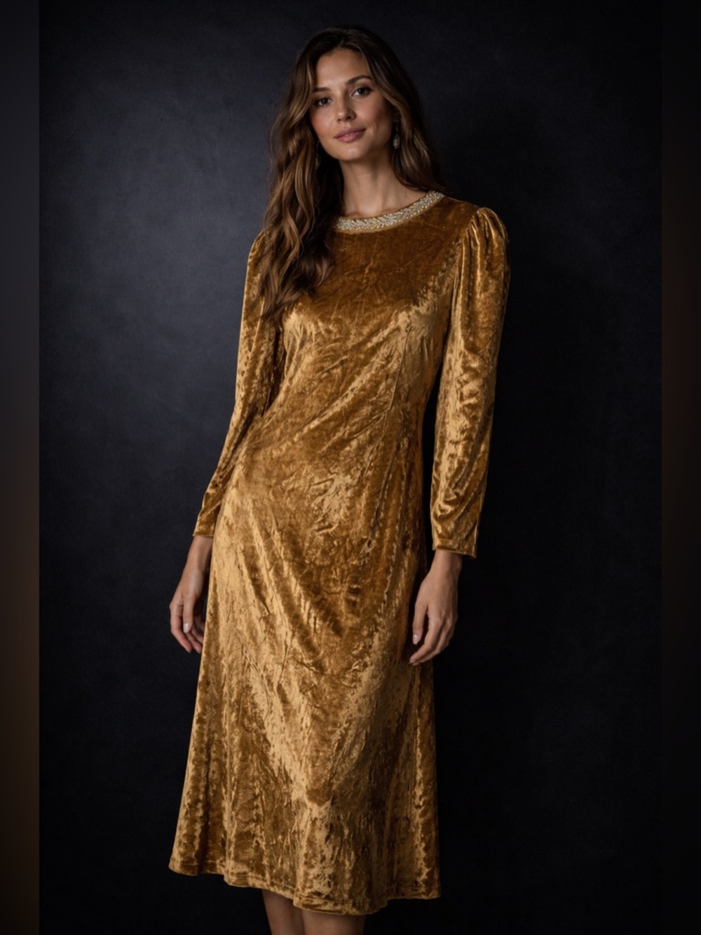 Ember Velvet Shift Midi Dress Embellished Collar